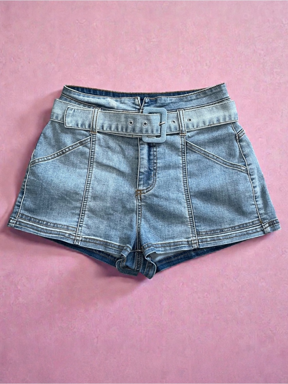 Vanilla Star Light Blue Denim High-Rise Shorts with Belt